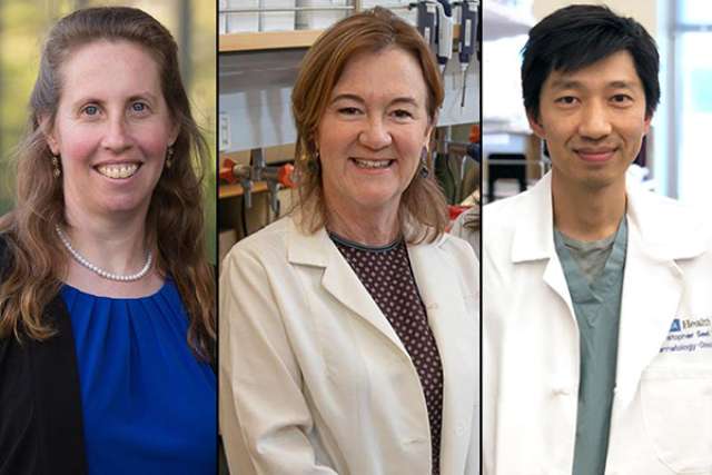 Three individuals in lab coats, set against a scientific background.
