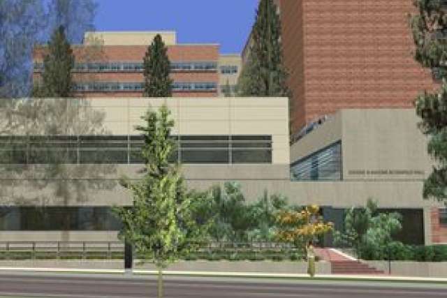Architectural rendering of a modern building with landscaping and trees.