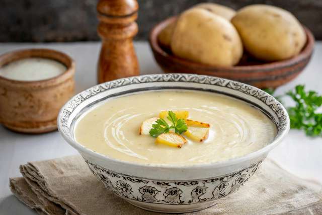 Creamy Potato Soup in a Decorative Bowl 