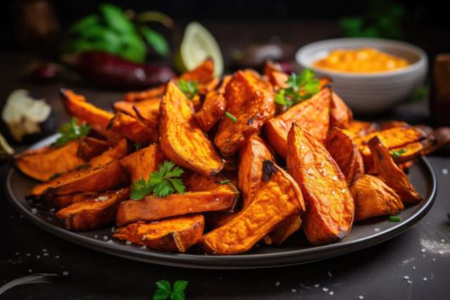 Crispy sweet potato wedges garnished with fresh herbs on a dark background.