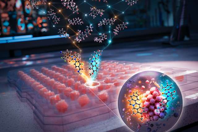 Glowing molecular helix above microplate wells with magnified molecular cluster.
