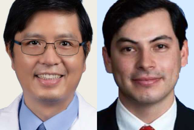 Two headshots: one in a white lab coat, the other in a suit and tie.