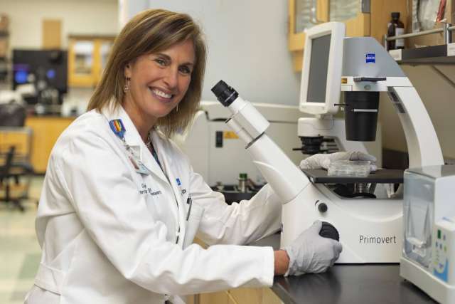 Dr. Beth Karlan sitting in front of a microscope