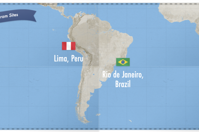 map South America with Peru and Brazil flag as pin point on map