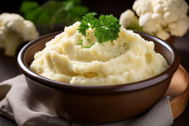 Mashed Cauliflower Topped with Parsley in a Brown Bowl