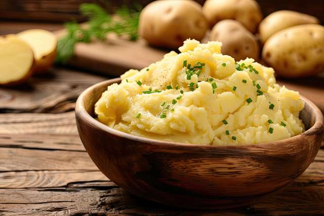 Mashed Potatoes in Wooden Bowl on Wooden Table