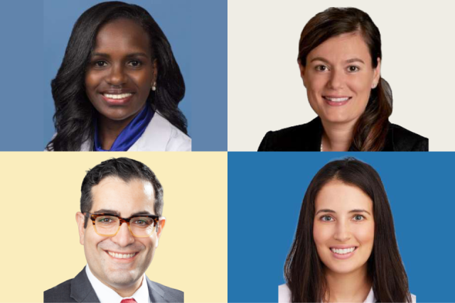 Four blurred corporate headshots arranged in 2x2 grid with blue and yellow backgrounds