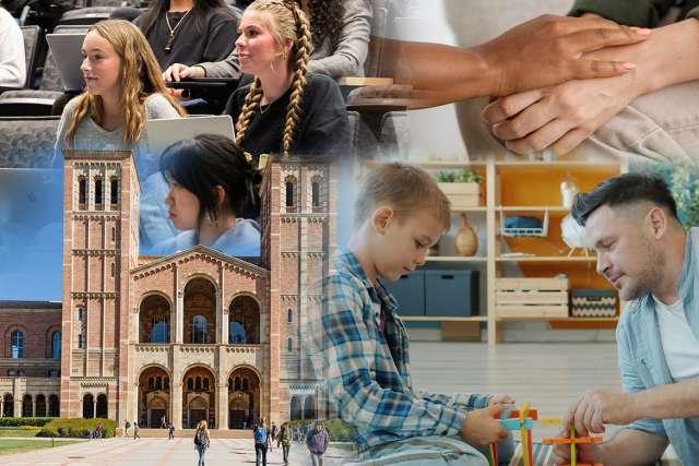 Collage: child and adult building with blocks, church facade, clasped hands, people listening
