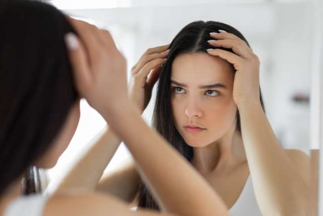 Woman checking her reflection in a mirror, hands on hair