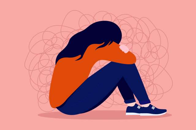 Illustration of woman hunched over with anxiety