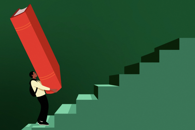 Illustration of someone walking up stairs with a large book