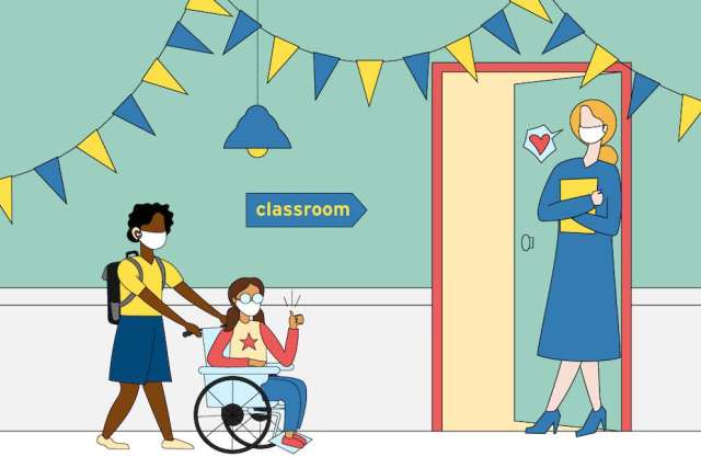 Student pushes peer in wheelchair into classroom