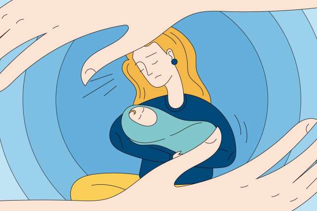 A woman with long hair holds a baby, surrounded by protective hands and soft blue shapes.