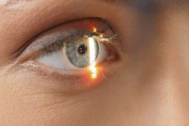 Eyes: close-up green eye with bright horizontal light reflection