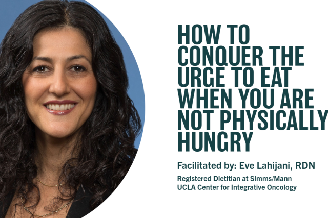 Poster for webinar, "How to conquer the urge to eat when you are not physically hungry". Details in Webinar
