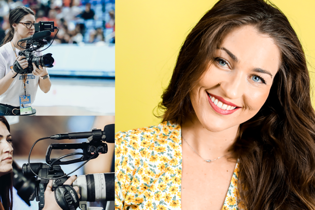 A smiling woman alongside images of her filming with a professional video camera at UCLA Athletics and events.