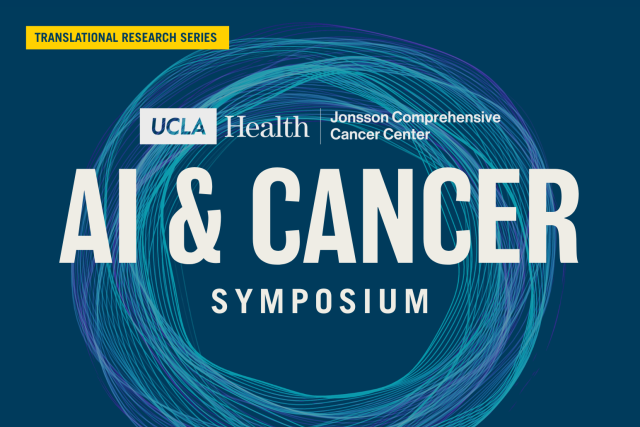 UCLA Health AI & Cancer Symposium flyer with abstract blue design.