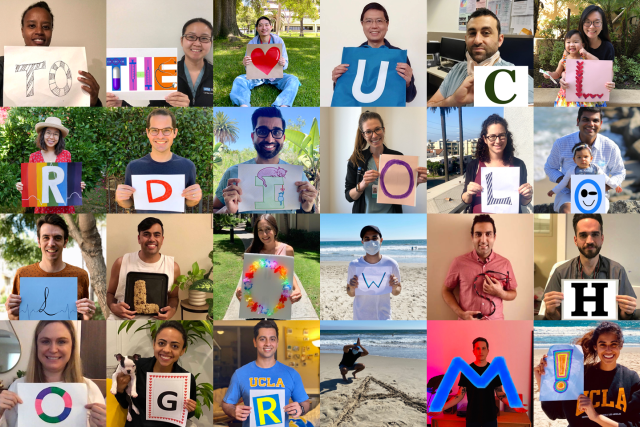 Group of UCLA cardiology fellows holding up paper signs that spell out "Welcome to the UCLA Cardiology Fellowship Program," smiling and celebrating together.