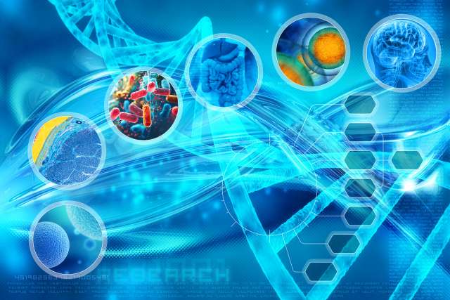A banner of various research topics over a blue DNA background