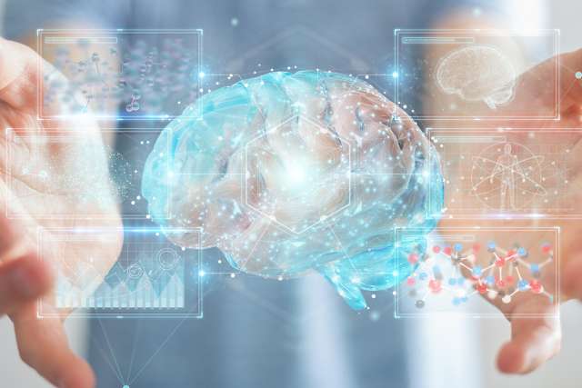 Businessman using digital 3D projection of a human brain 3D rendering