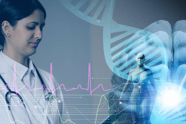 Hispanic woman doctor and genetic engineering abstract