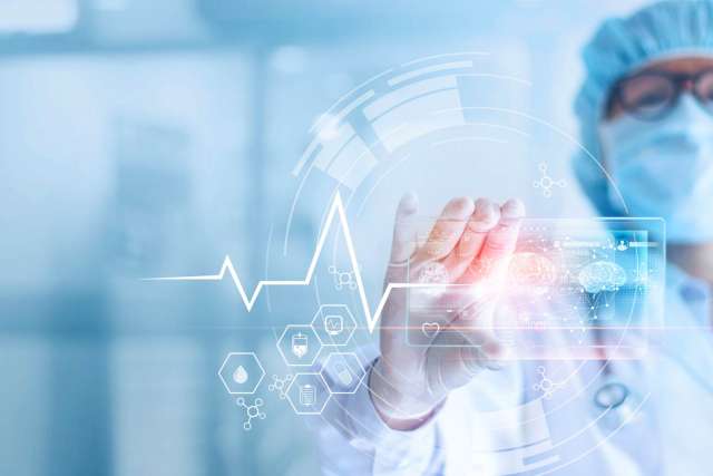 Doctor engaging with bioinformatics hologram 