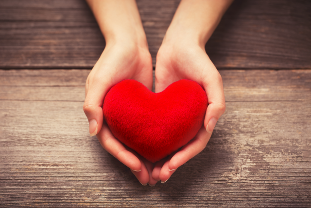 Female hands holding heart with wood background