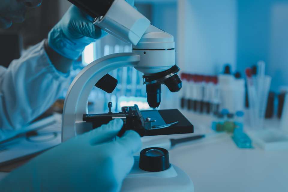 Researcher working at a microscope in a cancer lab