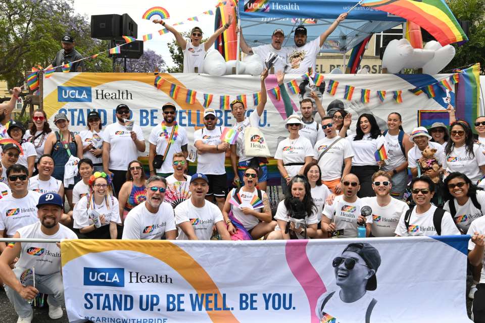 dozens of UCLA Health workers at the 2025 pride parade in Los Angeles