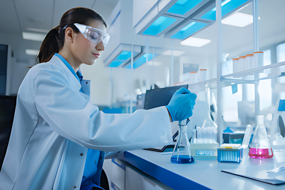 Woman wearing clear safety glasses, holding a dropper into a beaker conducts research in a lab.