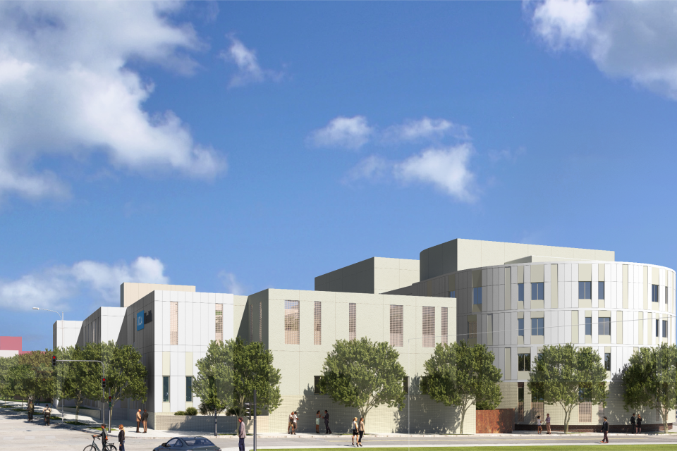 Rendering of the Mid-Wilshire Building Project, showcasing the architectural design of the new UCLA Health facility along Olympic Boulevard.