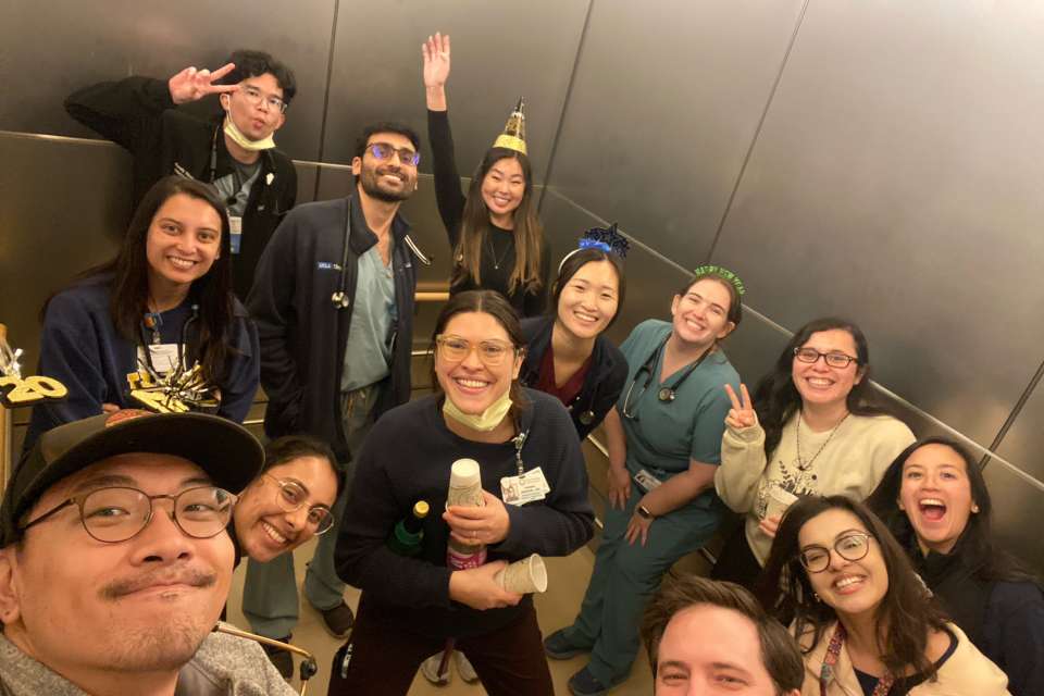 Internal Medicine Residents in a large elevator