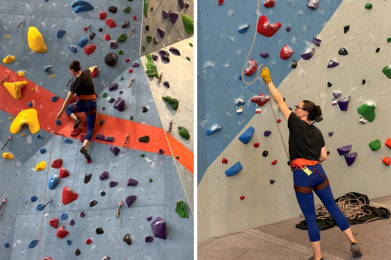 Side-by-side photos of a woman rock climbing indoors on a gray wall with colorful holds.