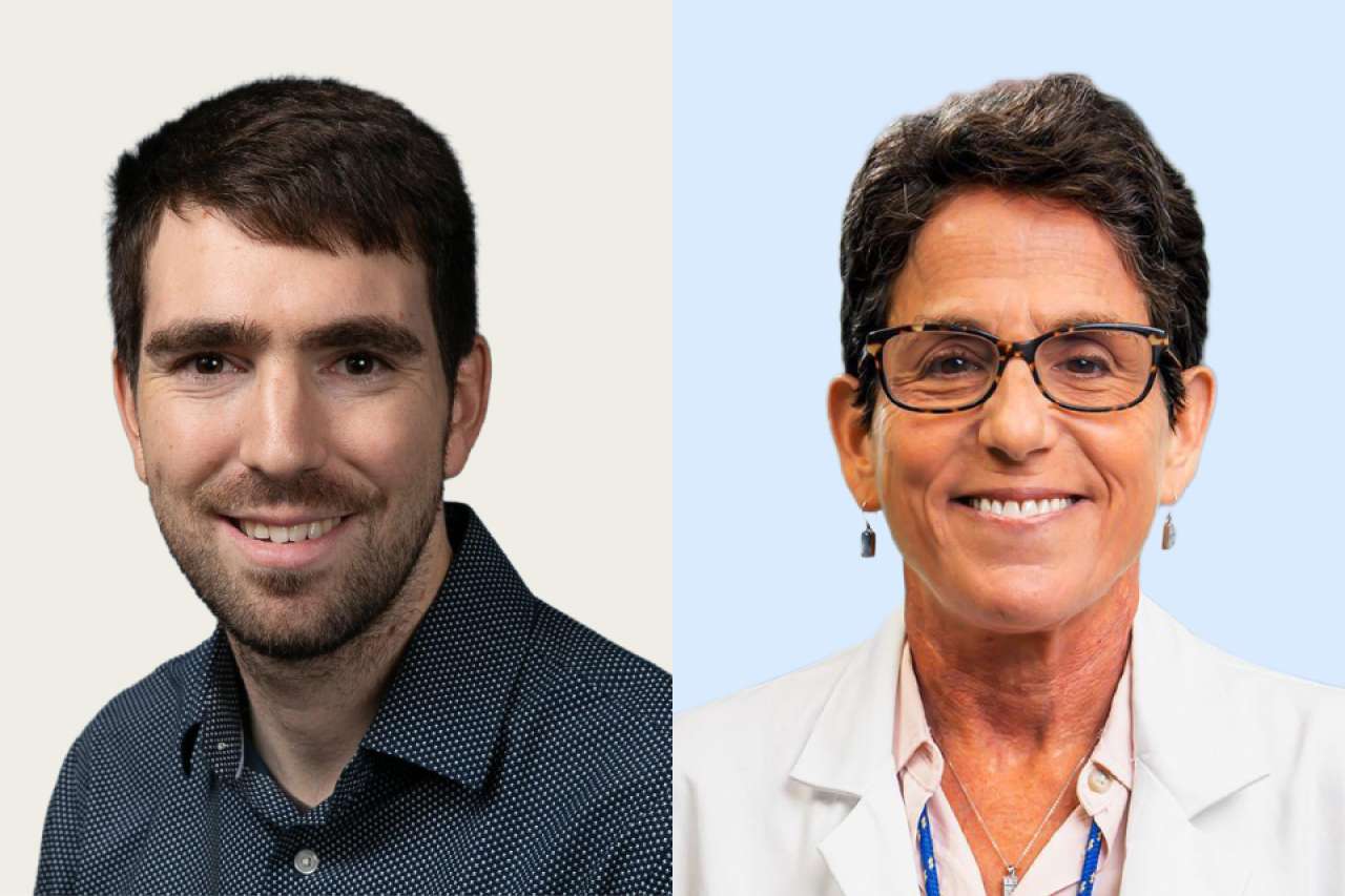 Two headshots side by side, one casual and one in a medical coat.