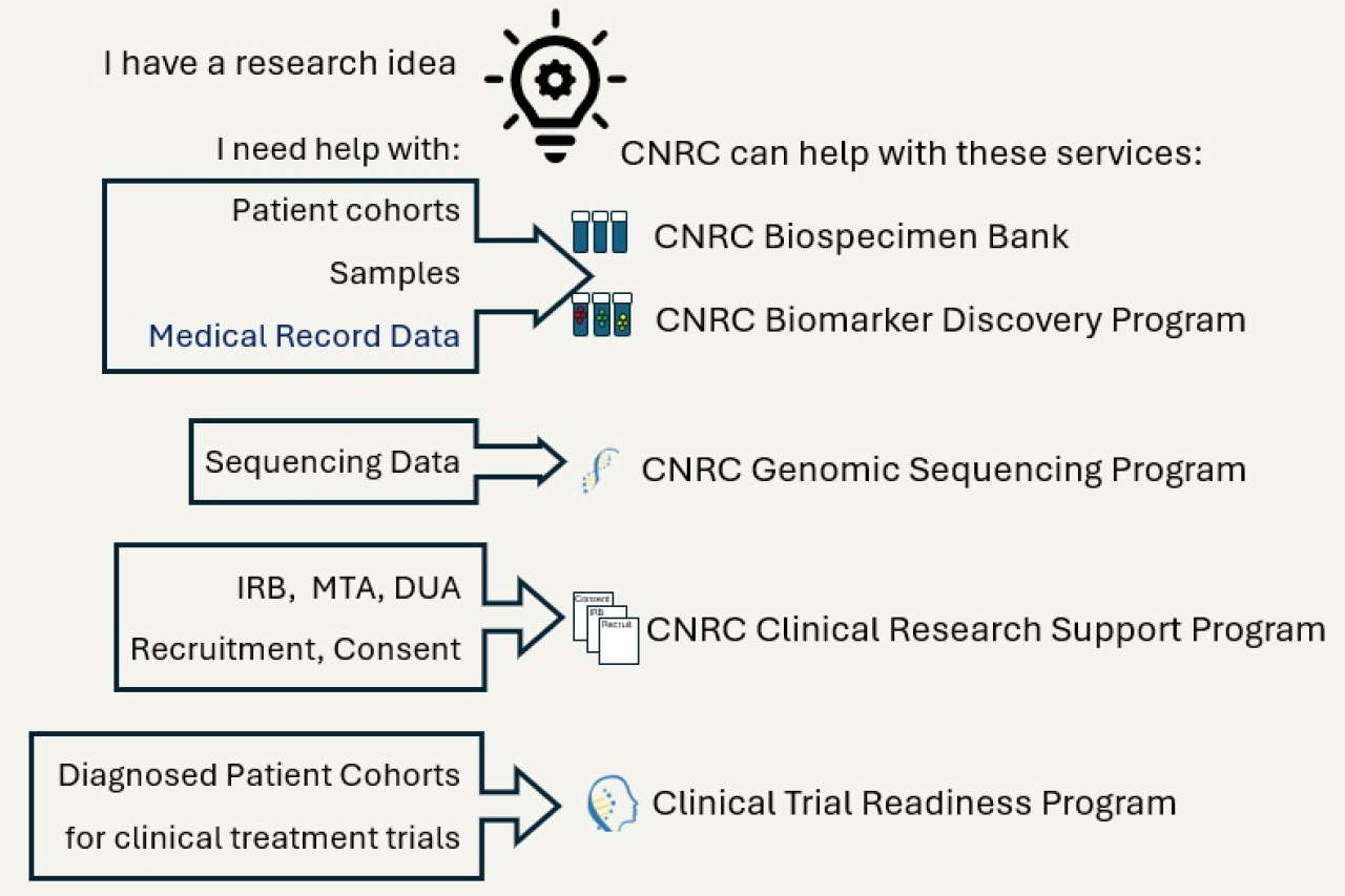 Visual guide with arrows indicating what aspects of CNRC help with which problems, but discussed in more detail further down page