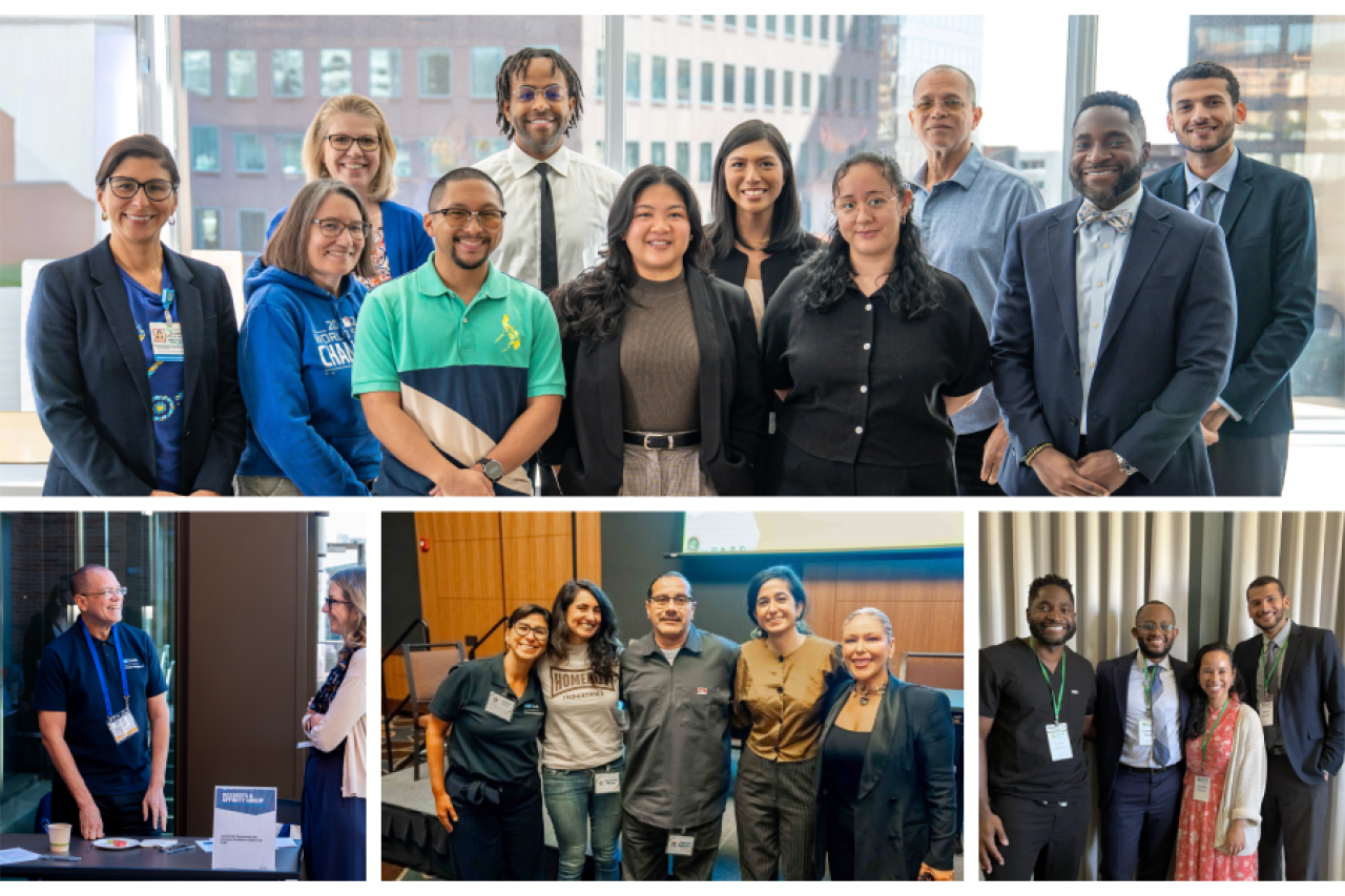 Diverse professional team portrait above three smaller workplace group photos