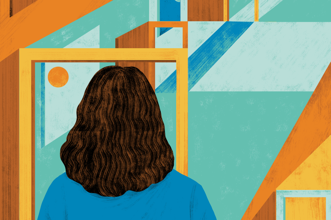 Illustration of the back of a person with wavy brown hair looking into a complex abstract background of orange, blue, and brown frames.
