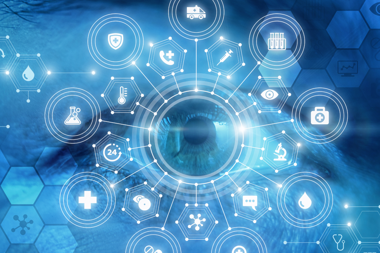 Close-up of an eye with a network of medical icons overlaid