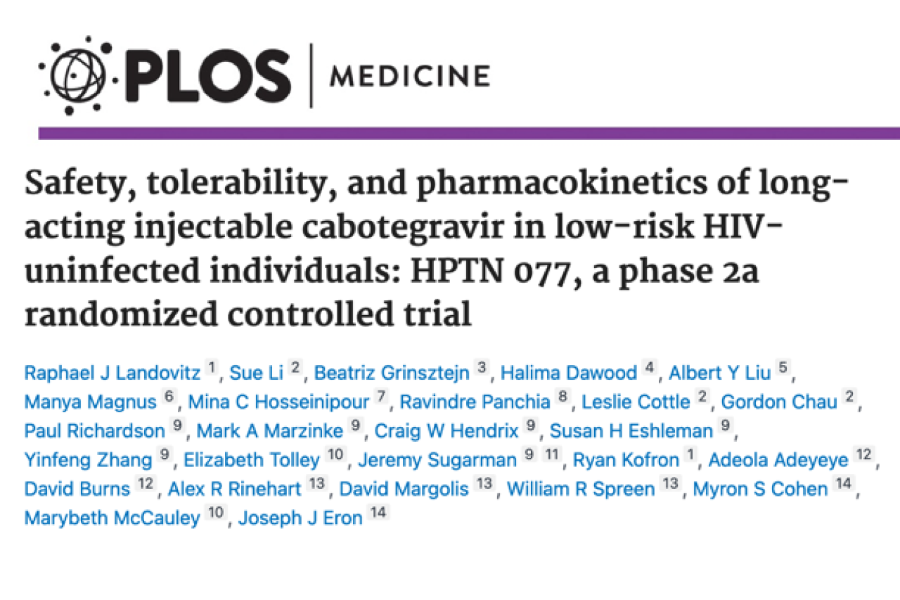 Mathead for journal acticle titled, "Safety, tolerability, and pharmacokinetics of long-acting injectable cabotegravir in low-risk HIV-uninfected individuals: HPTN 077, a phase 2a randomized controlled trial"