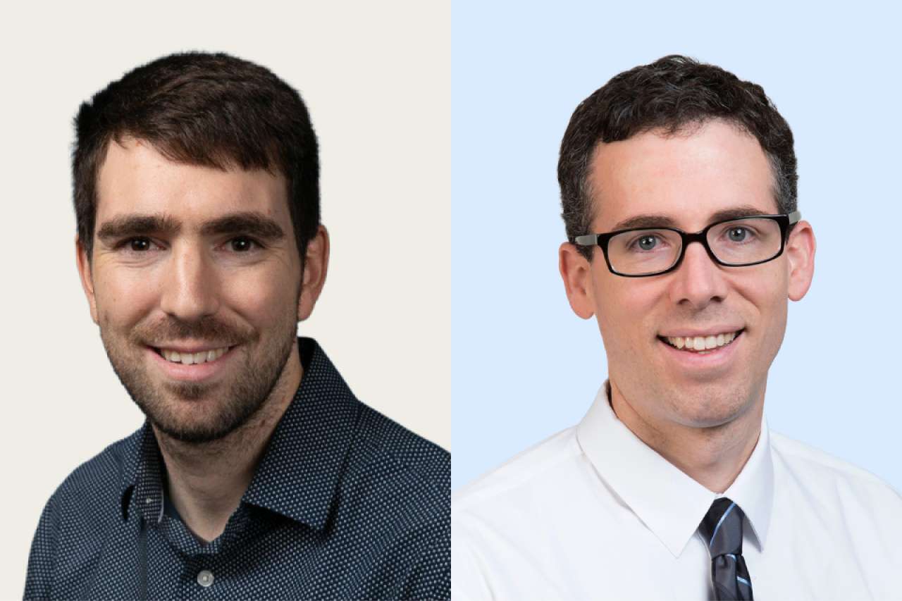 Two headshots of men with obscured faces, one in a casual shirt and the other in a formal shirt.