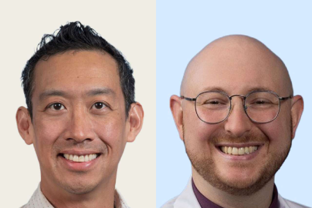 Two head-and-shoulders portraits, left wearing a casual shirt, right in lab coat and tie, faces blurred.