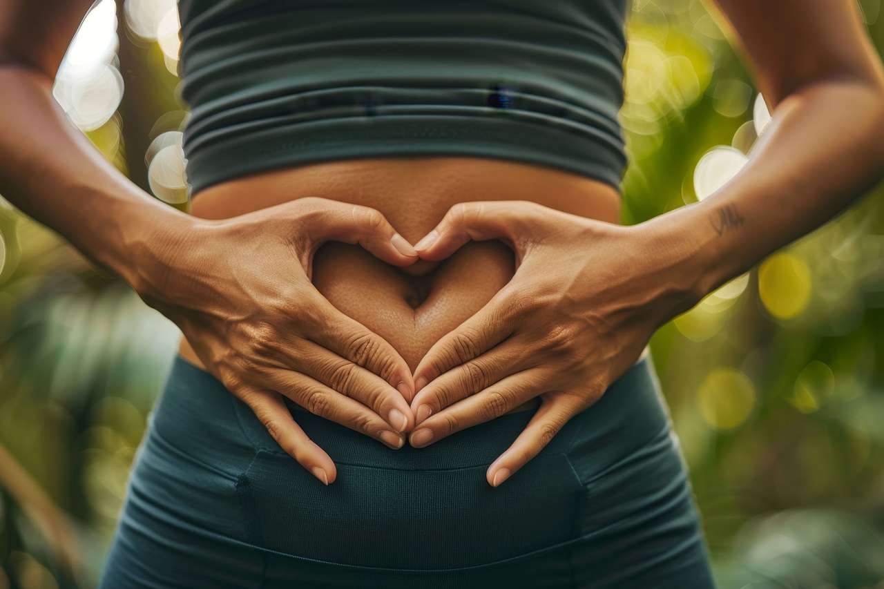 Woman in green yoga outfit holding stomach