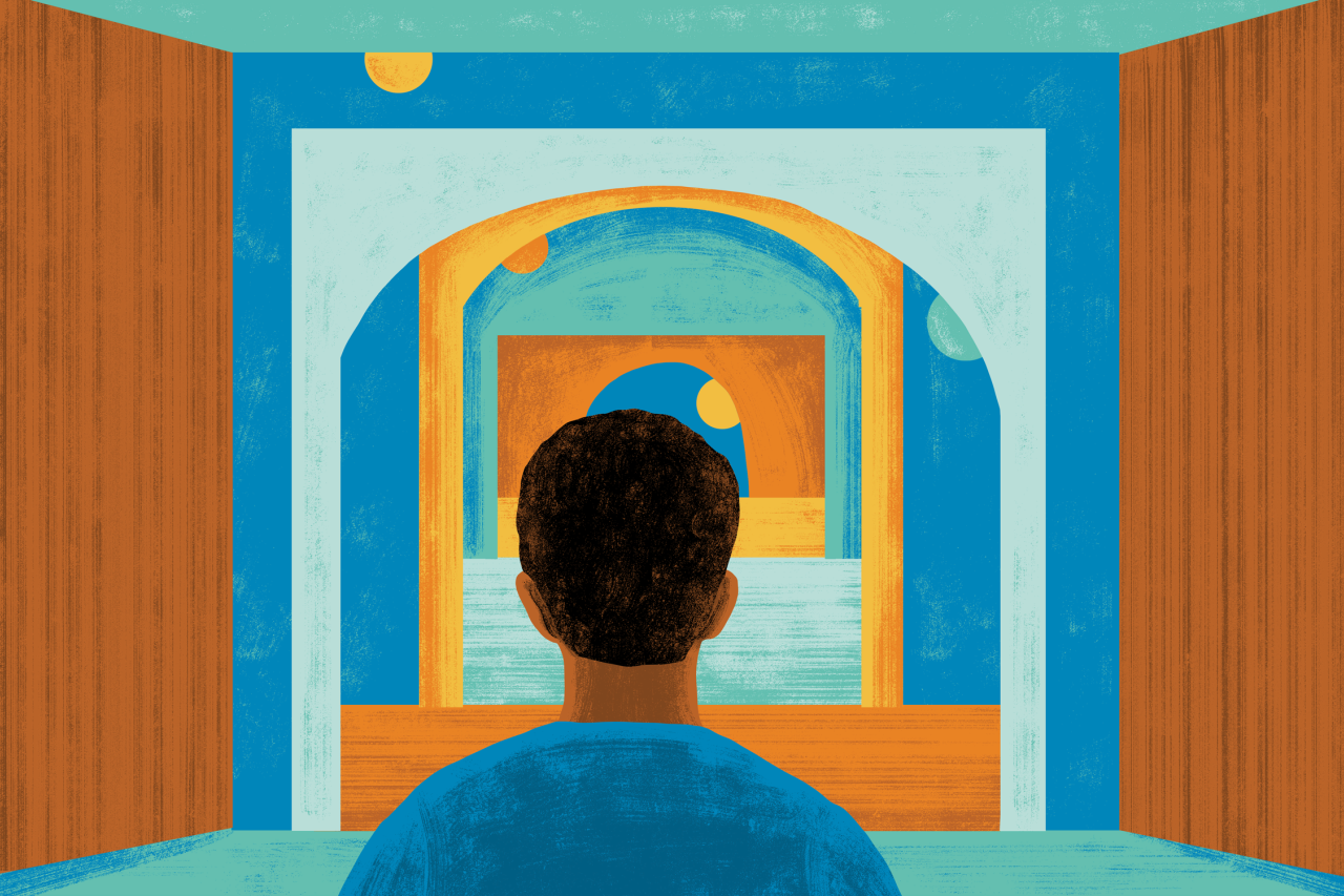 A person with dark hair faces a series of receding archways in an illustrative style with a blue and orange color palette.