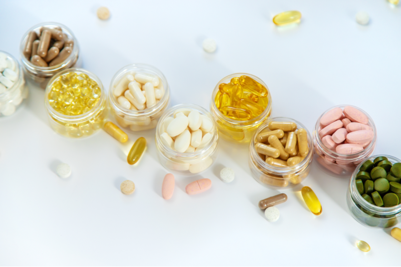 Dietary supplements and vitamins placed on individual containers