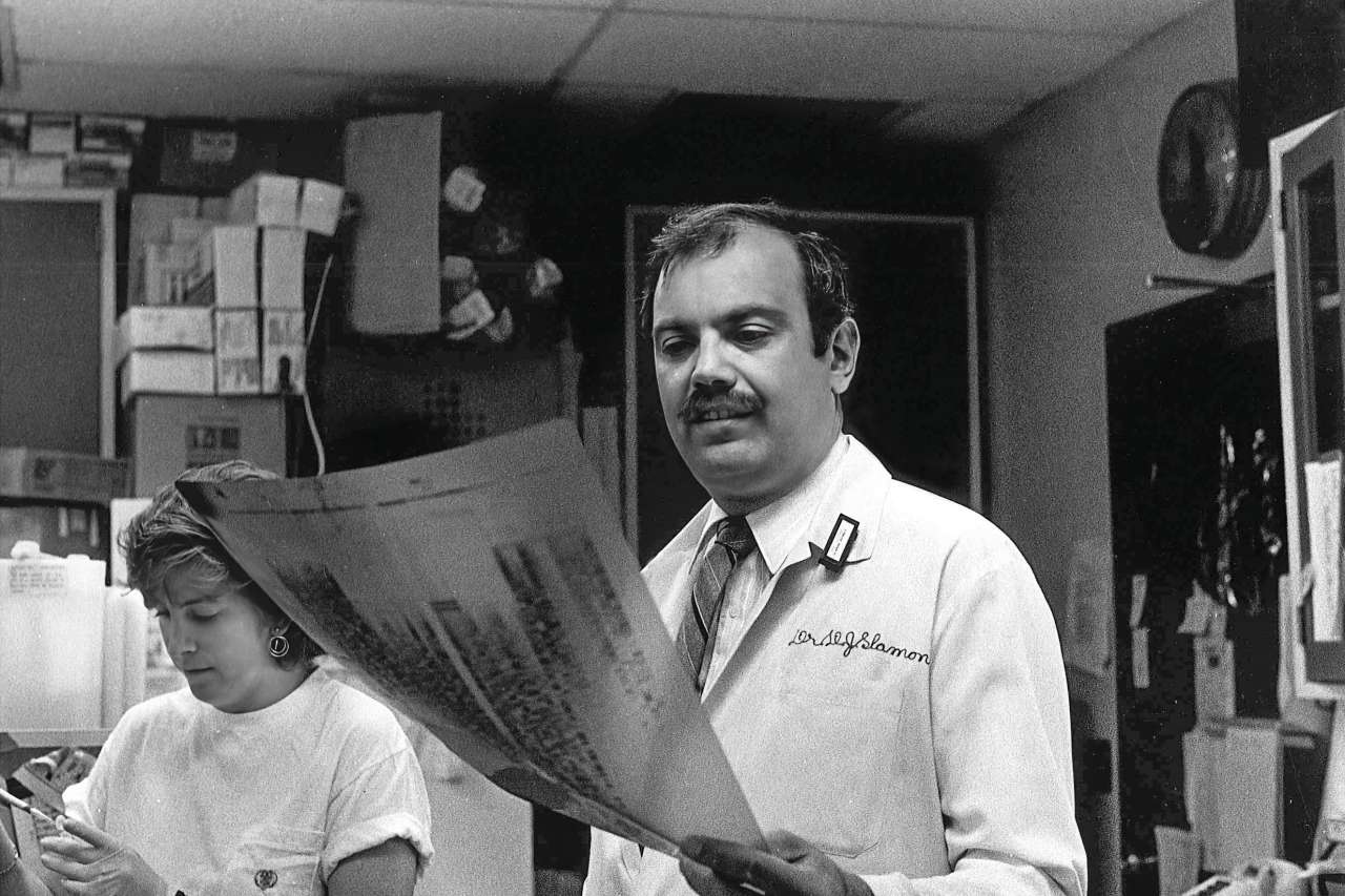 It was pretty exhilarating to see that what we had thought about in theory and what we were able to show in models really worked in patients,” Dr. Dennis J. Slamon recalls of his earlier years conducting research to develop the groundbreaking breast cancer drug Herceptin.