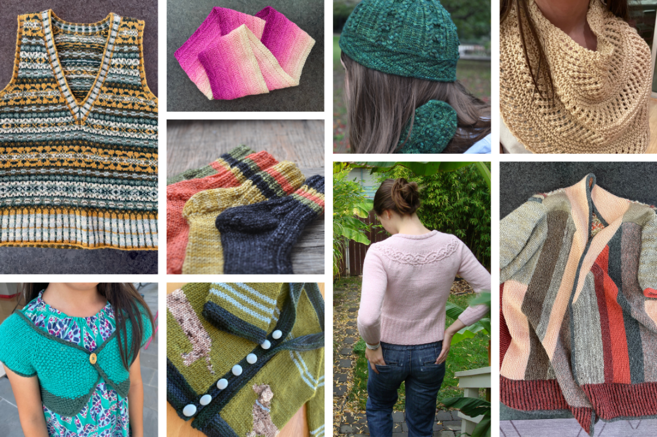 Collage of knitted and crocheted garments and accessories