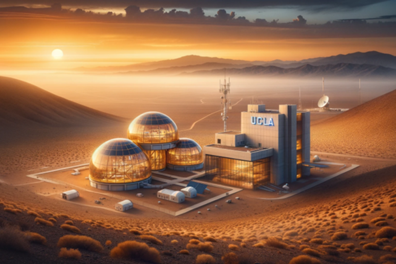 UCLA Health's Mars analog mission illustration: A futuristic Mars landscape with a person in a spacesuit, symbolizing research and innovation.