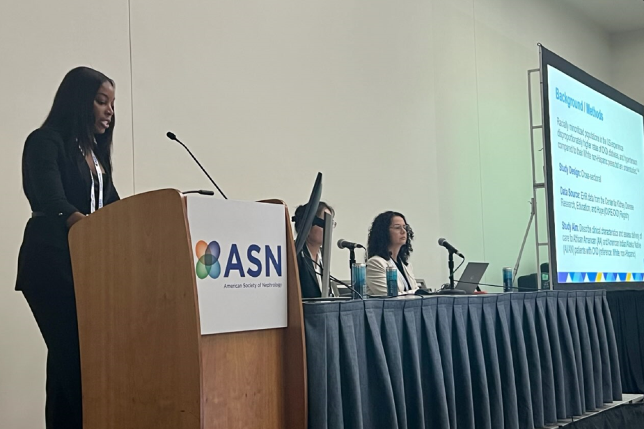 Kiara Mayhand, MPH, presents her study, ‘Predictors of Chronic Kidney Disease Care in African American and AI/AN patients in two health systems