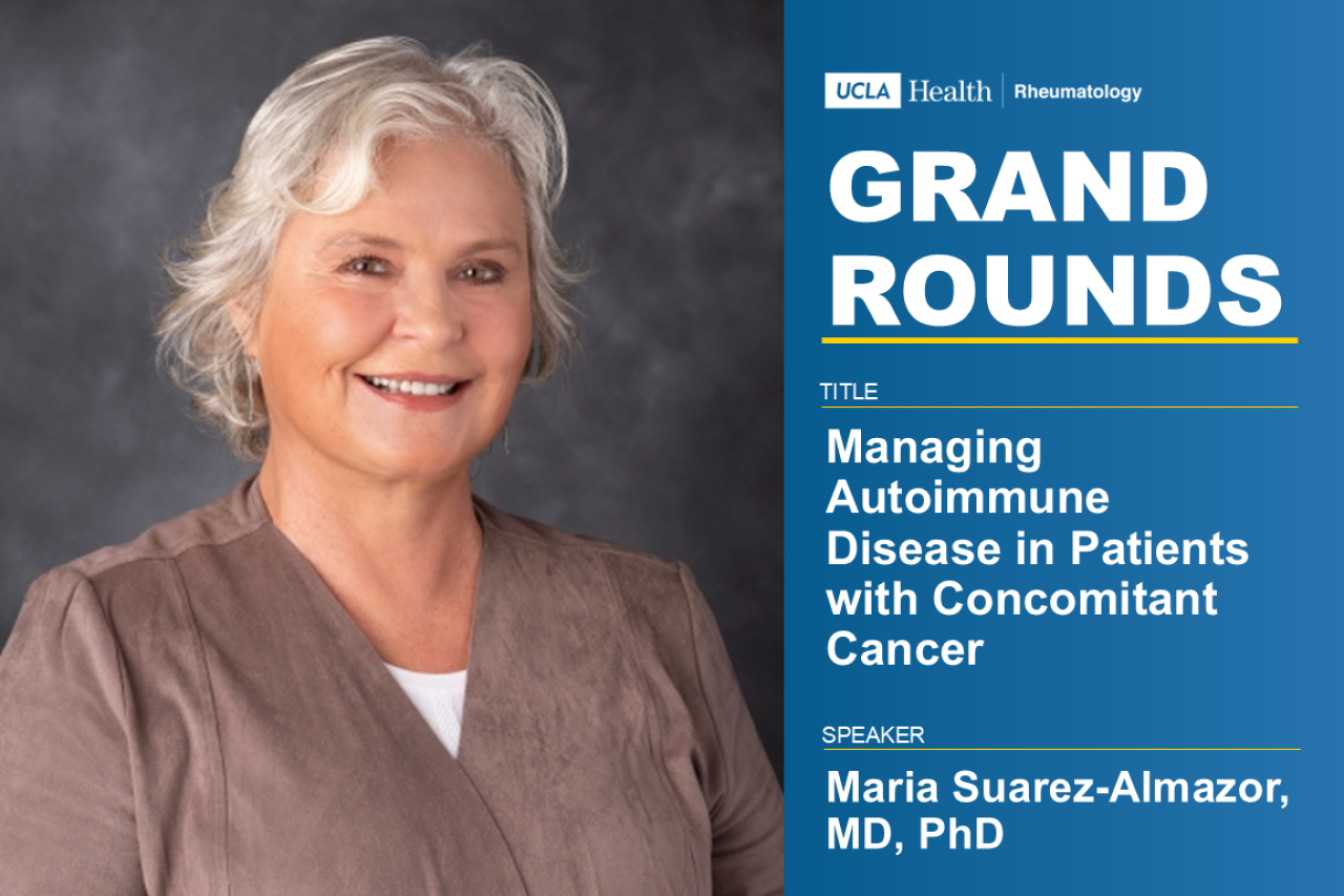 Professional headshot of Maria Suarez-Almazor, MD, PhD, with event details.