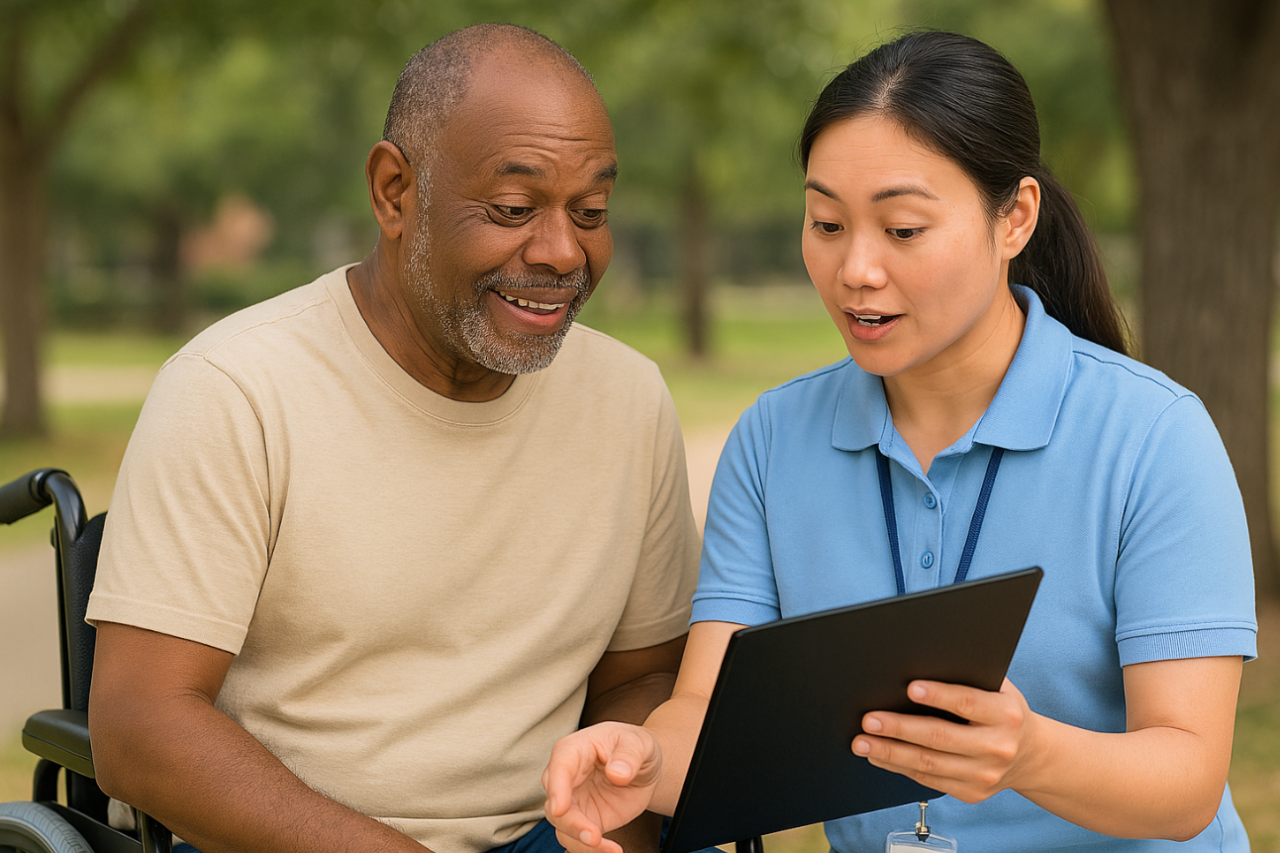 A woman shows a tablet to an older man in a wheelchair as they sit together in a park, both smiling.